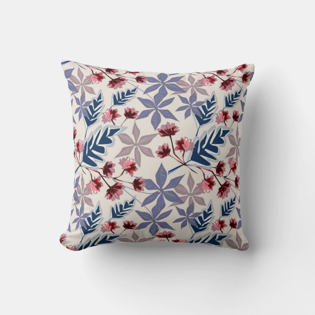 Retro floral pattern with pink, burgundy flowers cushion (Front)