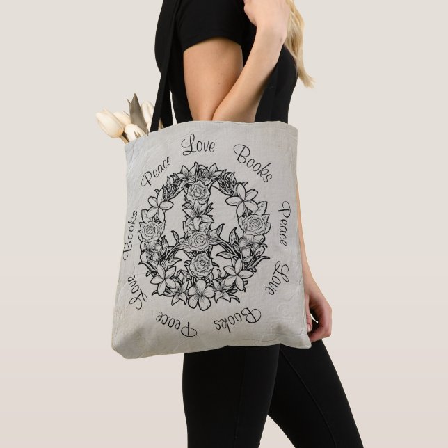Retro Floral Peace Love Books White Linen Tote Bag (Close Up)