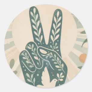Retro Floral Peace Sign & Dove Art Botanical Sun Classic Round Sticker