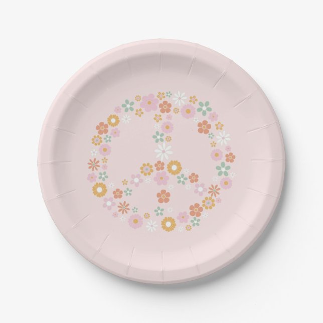 Retro Floral Peace Sign Paper Plate (Front)