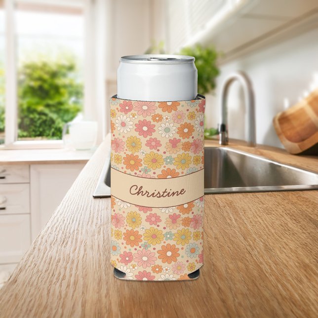 Retro Floral Personalised Monogram Seltzer Can Cooler (Creator Uploaded)