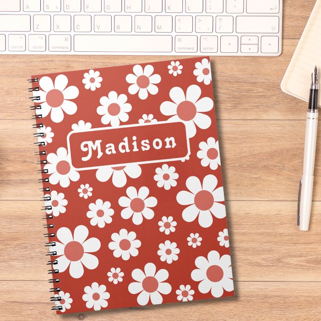 Retro Floral Personalised Notebook (Retro 70s groovy daisy pattern custom name orange notebook)