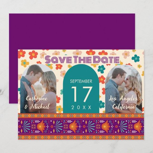 Retro Floral Personalised Two Photo Arch Magenta Save The Date (Front/Back)