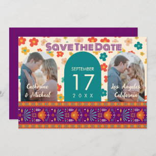 Retro Floral Personalised Two Photo Arch Magenta Save The Date