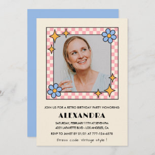 Retro  Floral Photo 54th birthday invitation Blue