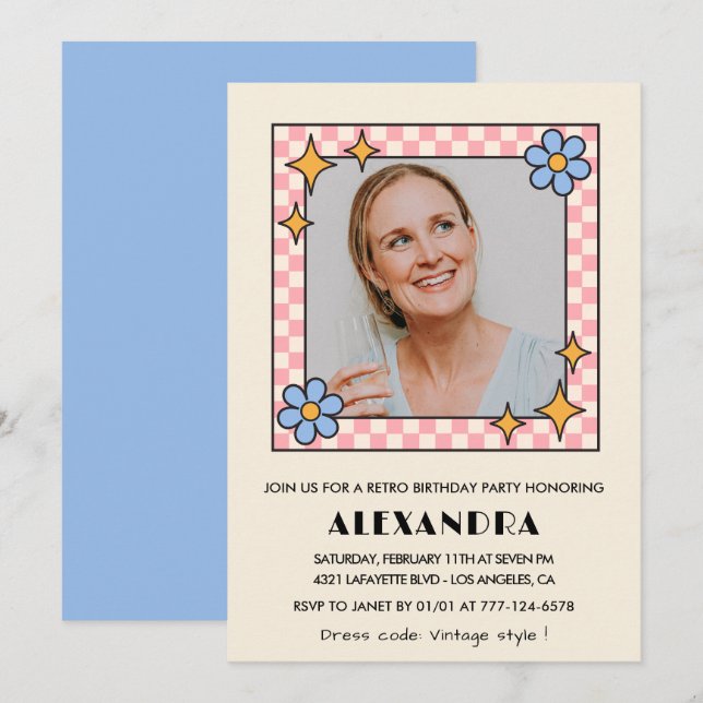 Retro  Floral Photo 56th birthday invitation Blue (Front/Back)