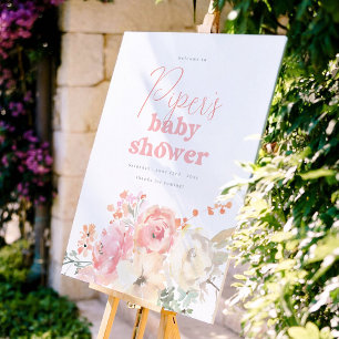 Retro Floral Pink Girl Baby Shower Welcome Sign