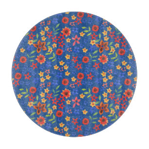 Retro Floral Print on Blue Glass Cutting Board