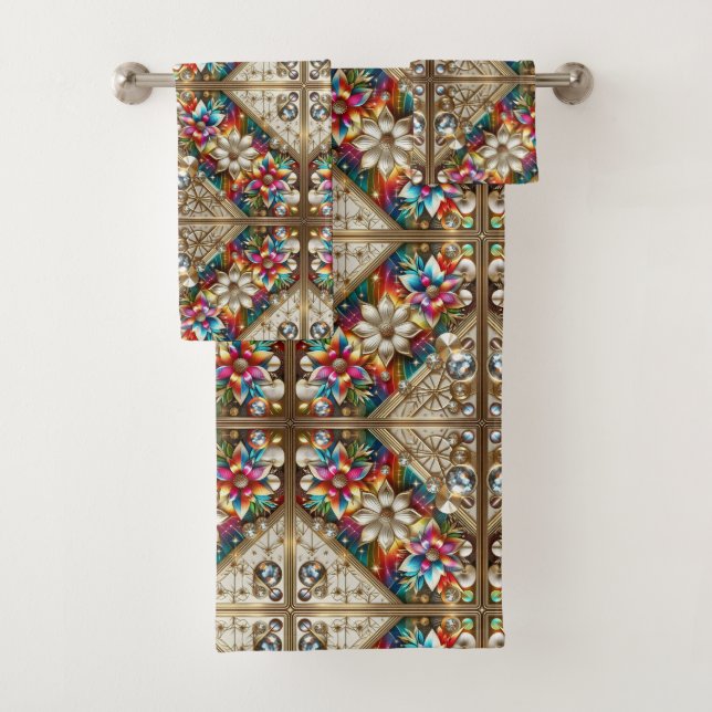 Retro Floral Rainbow Mid Century Modern Bath Towel Set (Insitu)