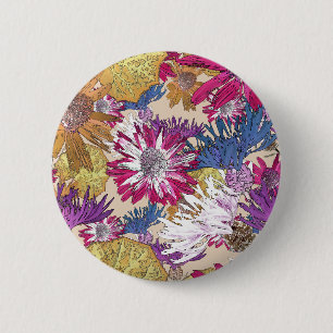 Retro, floral, red flowers, bouquet, blue flowers, 6 cm round badge