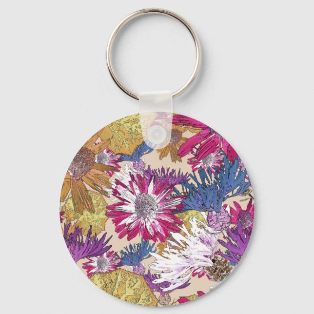 Retro, floral, red flowers, bouquet, blue flowers, key ring (Front)