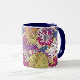 Retro, floral, red flowers, bouquet, blue flowers, mug