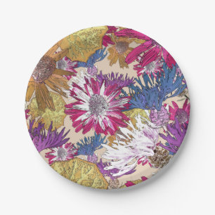 Retro, floral, red flowers, bouquet, blue flowers, paper plate