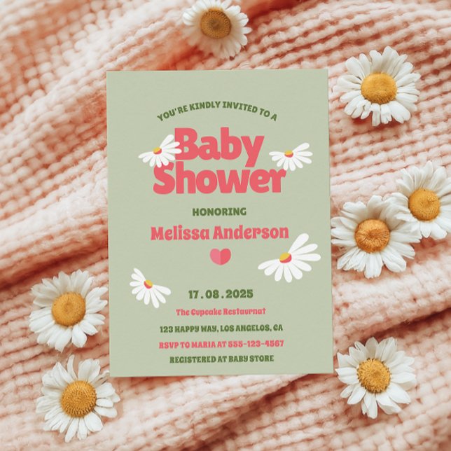 Retro Floral Sage Green Daisy Baby Shower  Invitation (Creator Uploaded)