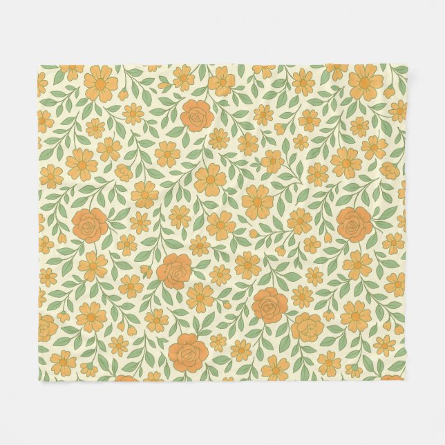 Retro Floral Seamless Pattern – Orange and Yellow  Fleece Blanket (Front (Horizontal))