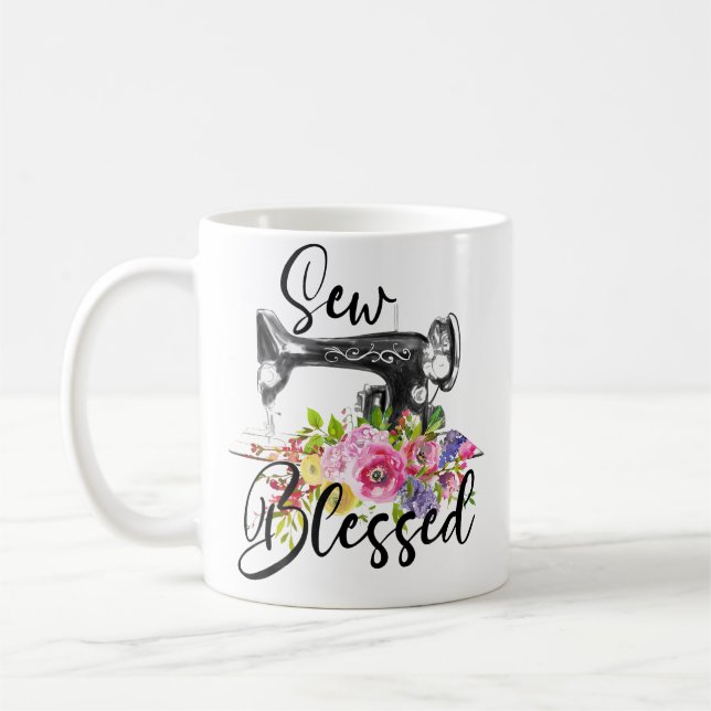 Retro Floral Sewing Machine Sew Blessed Quilting L Coffee Mug (Left)