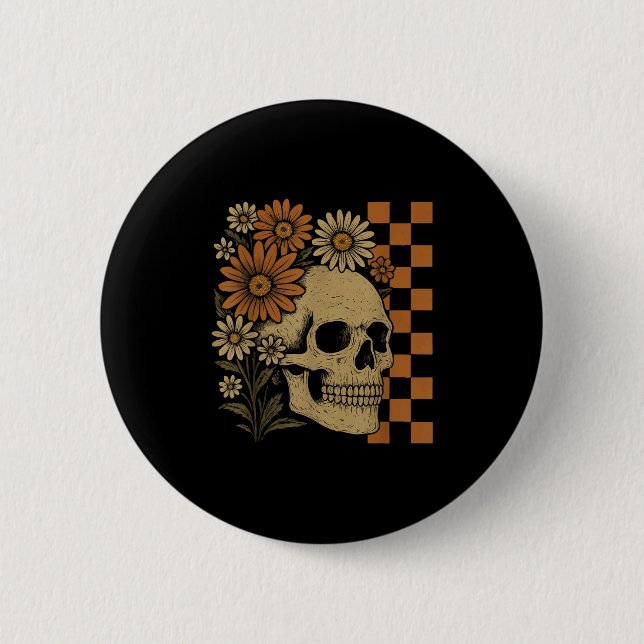 Retro Floral Skeleton Funny Skull Halloween  6 Cm Round Badge (Front)