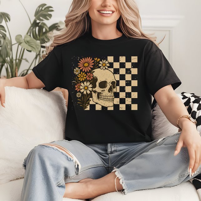 Retro Floral Skeleton Shirt | Spooky Season Shirt (creepy season shirt, checkered skeleton, floral skull shirt, vintage Halloween shirt for women,)