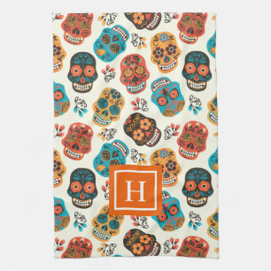 Retro floral skulls pattern monogram tea towel