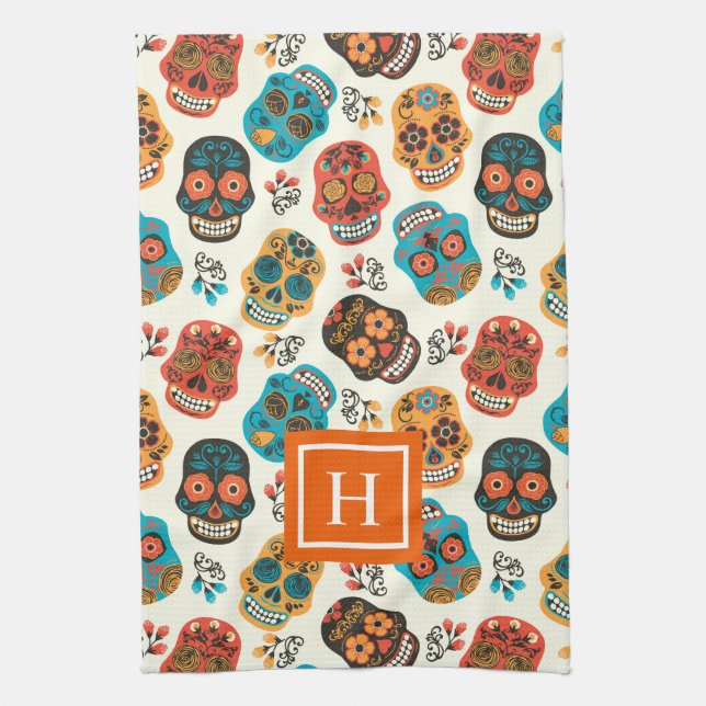 Retro floral skulls pattern monogram tea towel (Vertical)