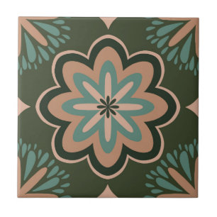 Retro Floral Star in Deep Earth Tones Ceramic Tile
