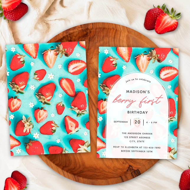 Retro Floral Strawberry Berry First Birthday Party Invitation (Creator Uploaded)