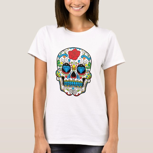 Retro Floral Sugar Skull Red Rose T-Shirt (Front)