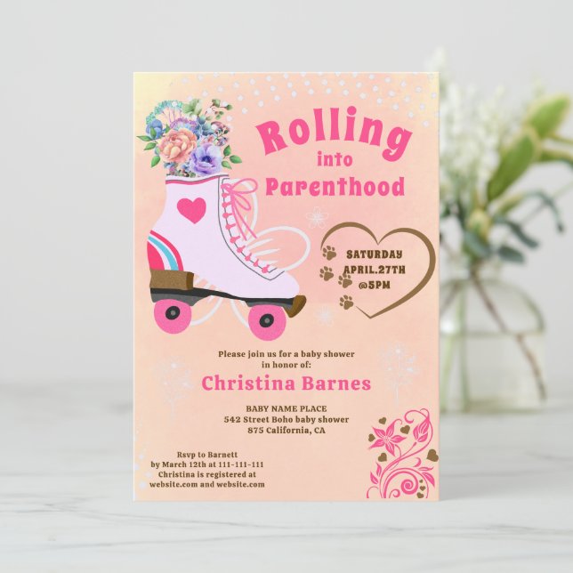 Retro floral teal roller skate boho baby shower invitation (Standing Front)