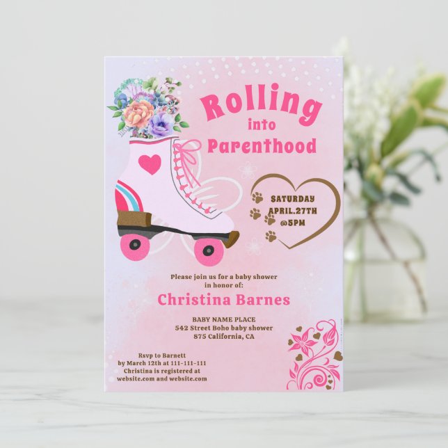 Retro floral teal roller skate boho baby shower invitation (Standing Front)