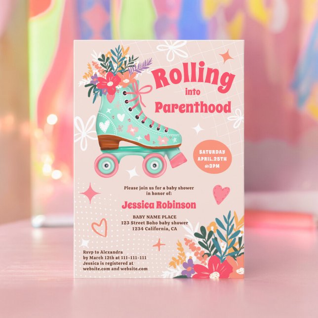 Retro floral teal roller skate boho baby shower invitation (Retro floral teal roller skate boho baby shower invitation)