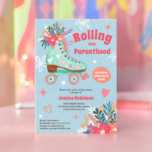 Retro floral teal roller skate boho baby shower invitation