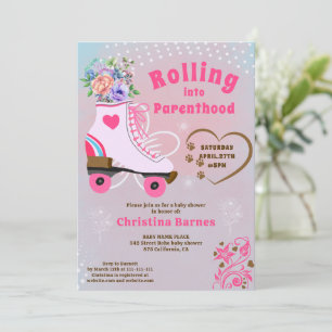 Retro floral teal roller skate boho baby shower invitation