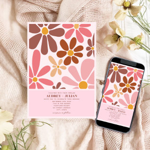 Retro Floral Terracotta Pink Wedding Invitation
