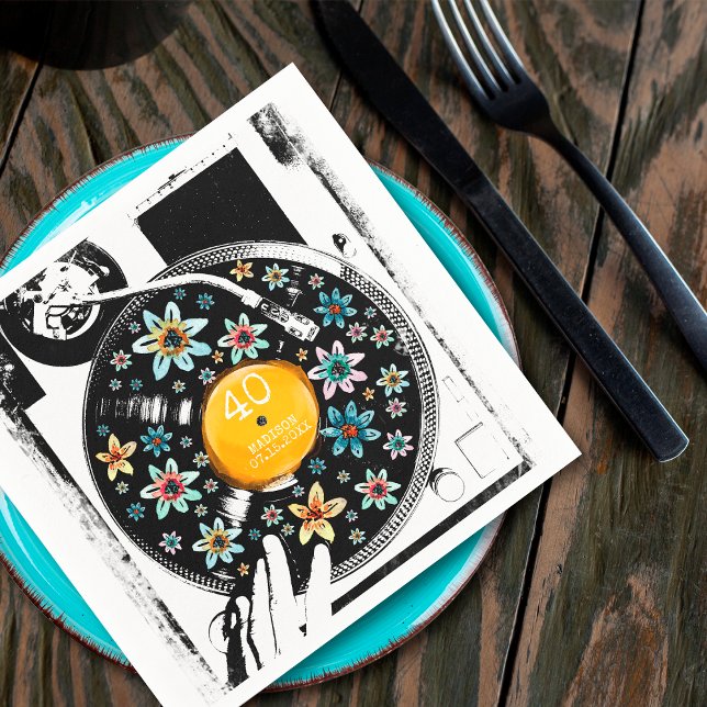 Retro Floral Turntable Vinyl Birthday Personalised Napkin (Creator Uploaded)