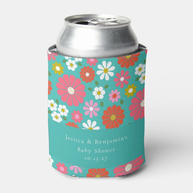 Retro Floral Turquoise Blue Custom Baby Shower Can Cooler (Can Front)