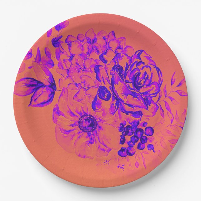 Retro Floral Vibrant Magenta Birthday Paper Plate (Front)