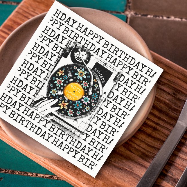Retro Floral Vinyl Happy Birthday Personalised Napkin (Creator Uploaded)