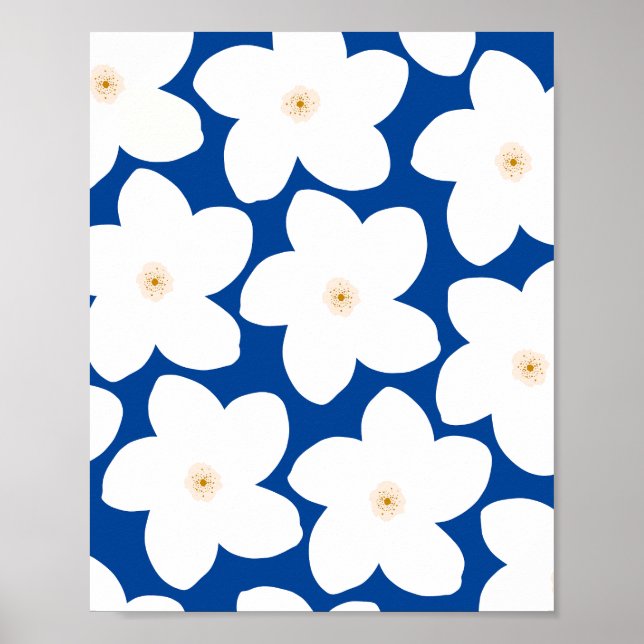 Retro Floral White On Blue Flowers Poster (Front)