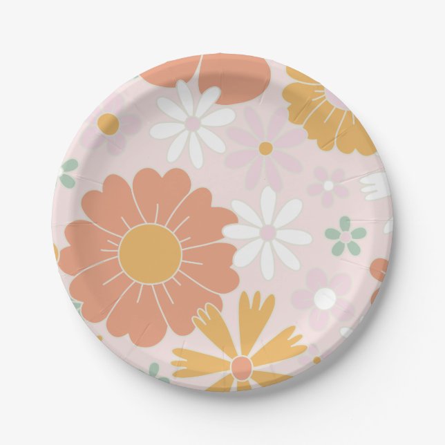 Retro Floral Wild Flower birthday Paper Plate (Front)