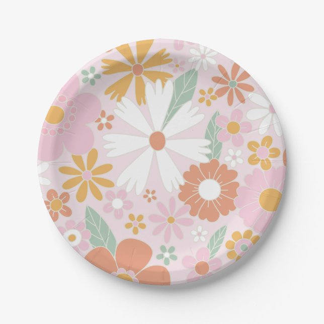 Retro Floral Wild Flower birthday Paper Plate (Front)