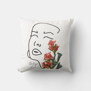 Retro floral woman face one line drawing blossom cushion