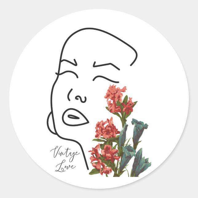 Retro floral woman face one line drawing blossom T Classic Round Sticker (Front)