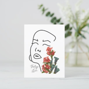 Retro floral woman face one line drawing blossom T Holiday Postcard
