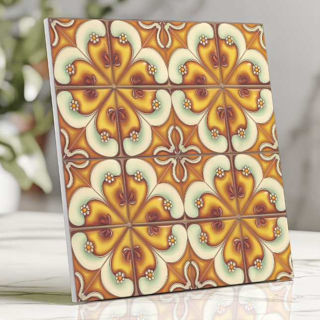 Retro Floral Yellow and Brown Ceramic Tile (Creator Uploaded)
