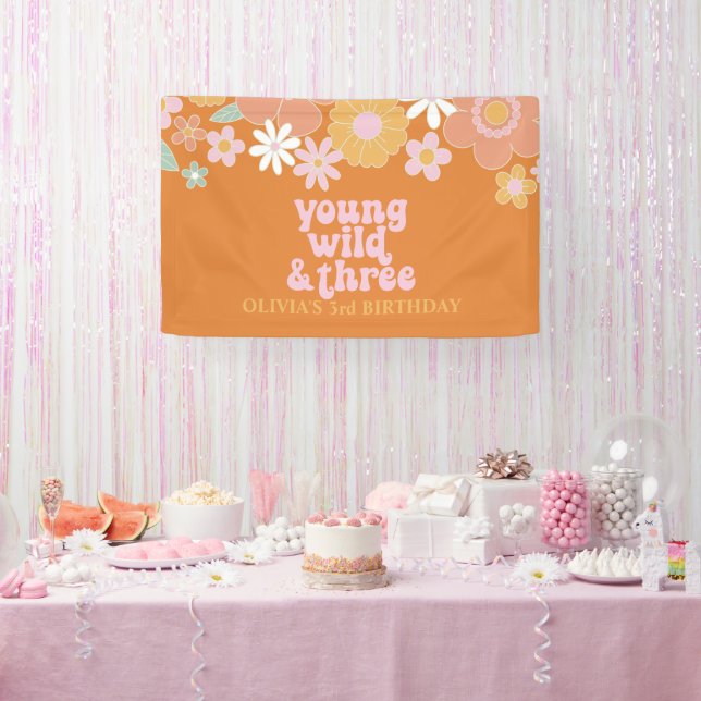 Retro Floral Young Wild three birthday Banner (Party)