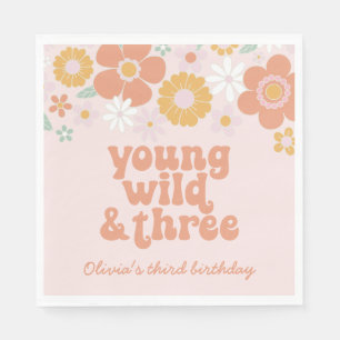 Retro Floral Young Wild Three birthday Napkins