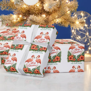 Retro Florida Christmas Flamingo Custom Family Wrapping Paper