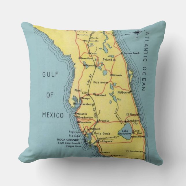 Retro Florida Postcard Map Pillow (Front)