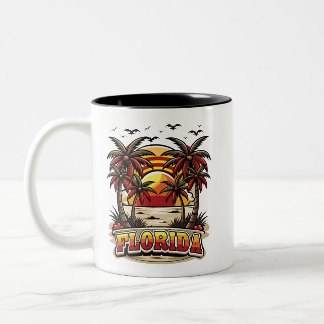 Retro Florida Sunset with Palm Trees Two-Tone Coffee Mug (Left)