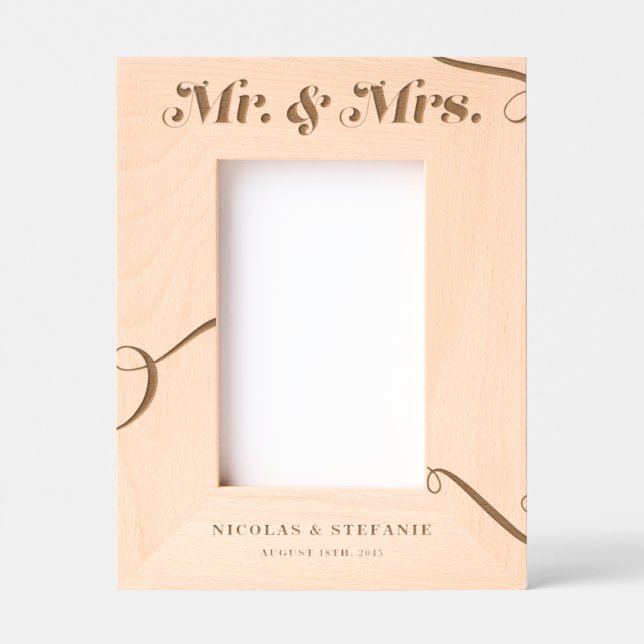 Retro Flourish Typography Mr. and Mrs. Wedding Etched Frames (Front)